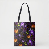 Neon Halloween Black Cat and Ghost Tote Bag トートバッグ (正面)