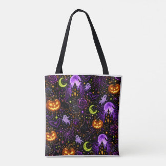 Neon Halloween Black Cat and Ghost Tote Bag トートバッグ