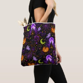 Neon Halloween Black Cat and Ghost Tote Bag トートバッグ (クローズアップ)