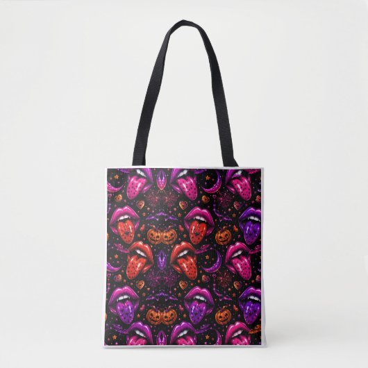 Neon Halloween Lips and Tongue Tote Bag トートバッグ (正面)