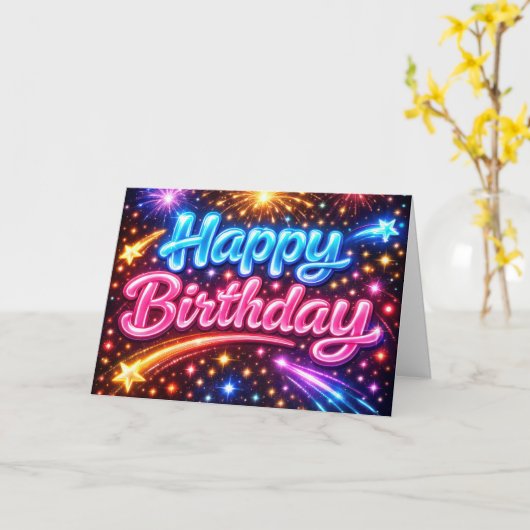 Neon Happy Birthday Fireworks and Stars カード (黄色い花)
