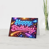 Neon Happy Birthday Fireworks and Stars カード (正面)