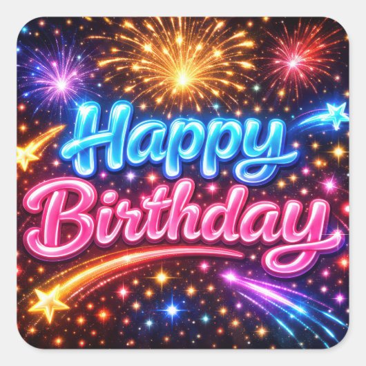 Neon Happy Birthday Fireworks and Stars スクエアシール (正面)