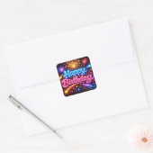 Neon Happy Birthday Fireworks and Stars スクエアシール (封筒)