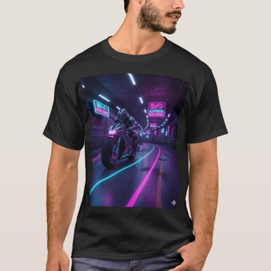 Neon Highway Rider | サイバーパンク バイク アート Tシャツ (正面)