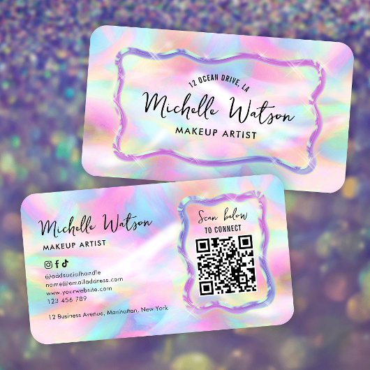 Neon Holographic Iridescent Beauty Salon QR Code 名刺