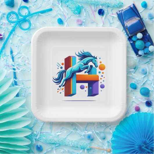 Neon Horse Jump Over H Letter ペーパープレート (パーティー)