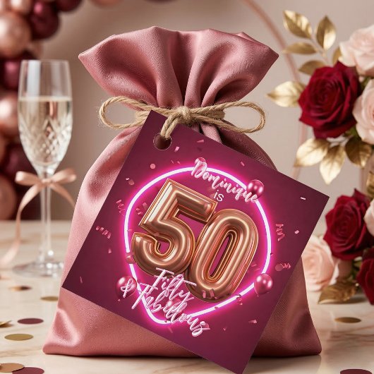 Neon Hot Pink Fifty and Fabulous 50th Birthday フェイバータグ