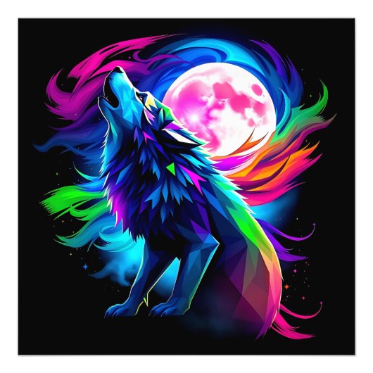 Neon Howling Wolf with Full Moon – Psychedelic Rai フォトプリント (正面)
