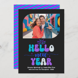 Neon Ice Hello New Year Blue Retro Photo シーズンカード