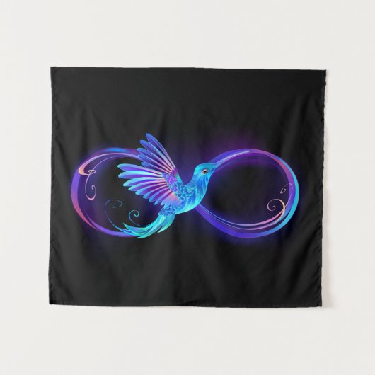 Neon Infinity Symbol with Glowing Hummingbird タペストリー (正面(横))