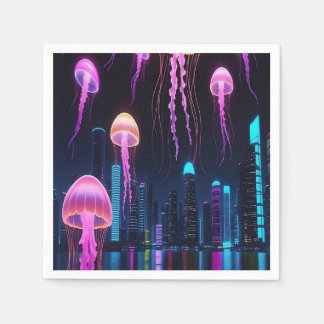 Neon Jellyfish Over Cyber City スタンダードカクテルナプキン