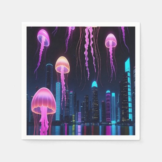 Neon Jellyfish Over Cyber City スタンダードカクテルナプキン (正面)