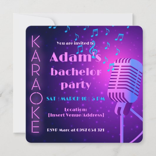 Neon Karaoke Night Bachelor Party Invitation 招待状 (正面)