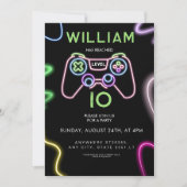 Neon level up 10 video Game Birthday Party  招待状 (正面)