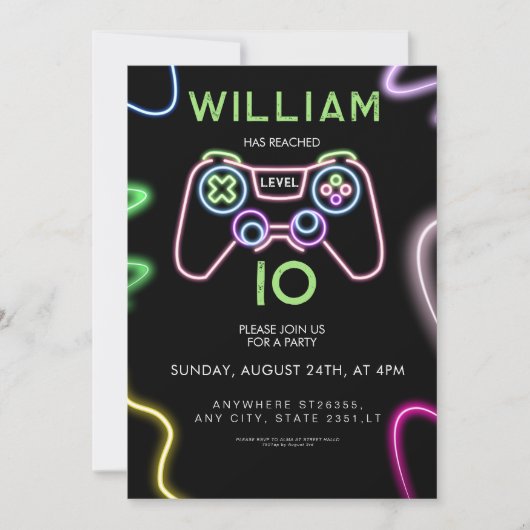 Neon level up 10 video Game Birthday Party  招待状 (正面)