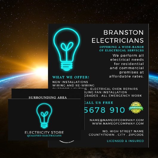 Neon Lightbulb, Electrician Advertising チラシ