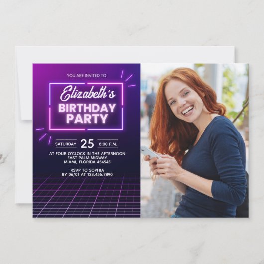 Neon Lights Birthday Invitation Photo Design 招待状 (正面)