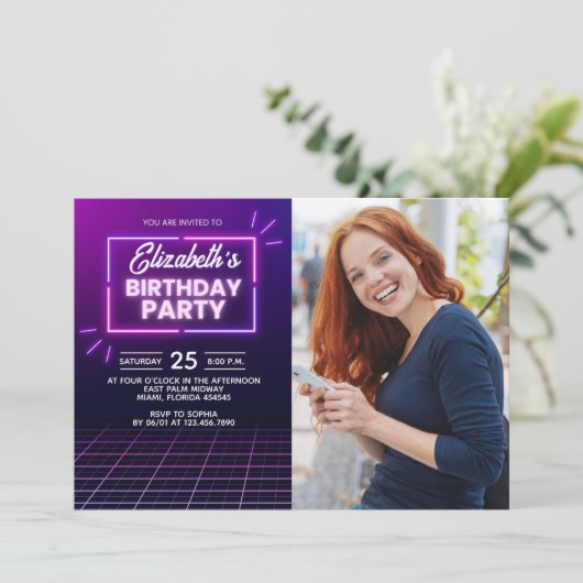 Neon Lights Birthday Invitation Photo Design 招待状 (スタンド正面)