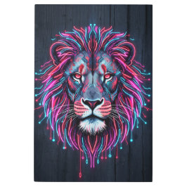 Neon Lion Face on Wooden Background – Vibrant & Mo メタルプリント