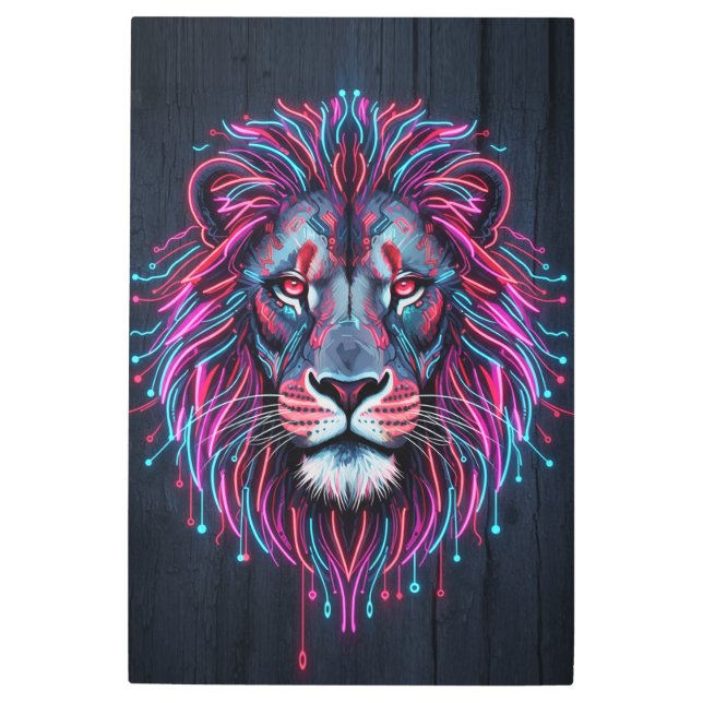 Neon Lion Face on Wooden Background – Vibrant & Mo メタルプリント (正面)
