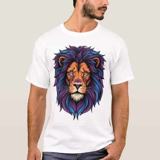Neon Lion Head Purple Blue Mane Fierce T-Shirt Tシャツ (正面)