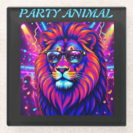 Neon Lion Party Animal – Colourful Retro Graphic ガラスコースター
