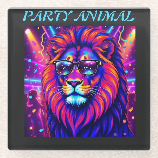 Neon Lion Party Animal – Colourful Retro Graphic ガラスコースター (正面)