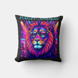 Neon Lion Party Animal – Colourful Retro Graphic クッション