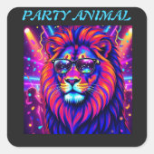 Neon Lion Party Animal – Colourful Retro Graphic スクエアシール (正面)