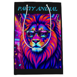 Neon Lion Party Animal – Colourful Retro Graphic ミディアムペーパーバッグ