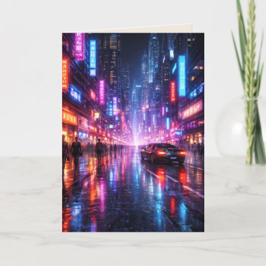 Neon-Lit Cyber Punk City at Night Blank Art Card カード (正面)