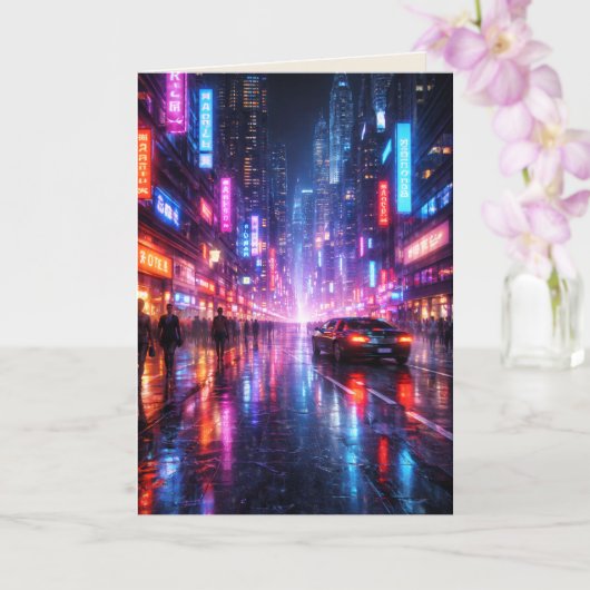 Neon-Lit Cyber Punk City at Night Blank Art Card カード (蘭)