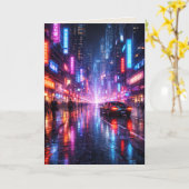 Neon-Lit Cyber Punk City at Night Blank Art Card カード (黄色い花)