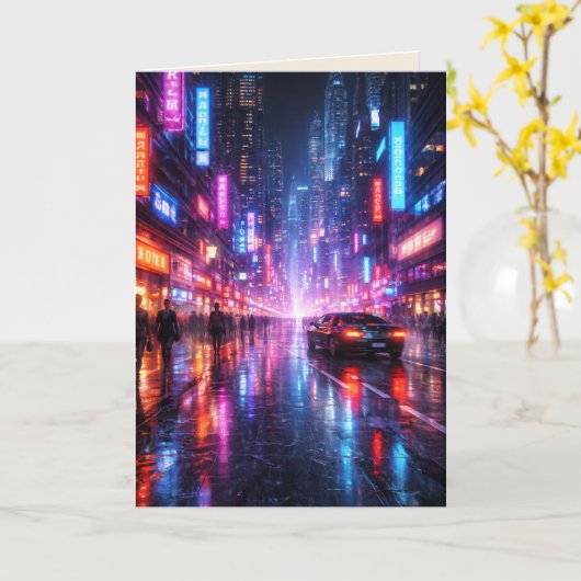 Neon-Lit Cyber Punk City at Night Blank Art Card カード (黄色い花)