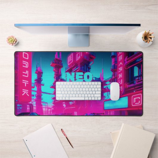 Neon Magenta Cyan Cyberpunk Neo Tokyo Gamer デスクマット (オフィス1)