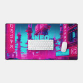 Neon Magenta Cyan Cyberpunk Neo Tokyo Gamer デスクマット (キーボード&マウス)