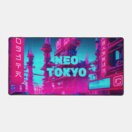 Neon Magenta Cyan Cyberpunk Neo Tokyo Gamer デスクマット
