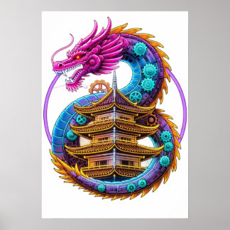 Neon Mechanical Dragon Pagoda Emblem Art ポスター