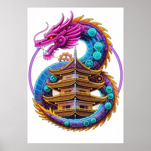 Neon Mechanical Dragon Pagoda Emblem Art ポスター (正面)