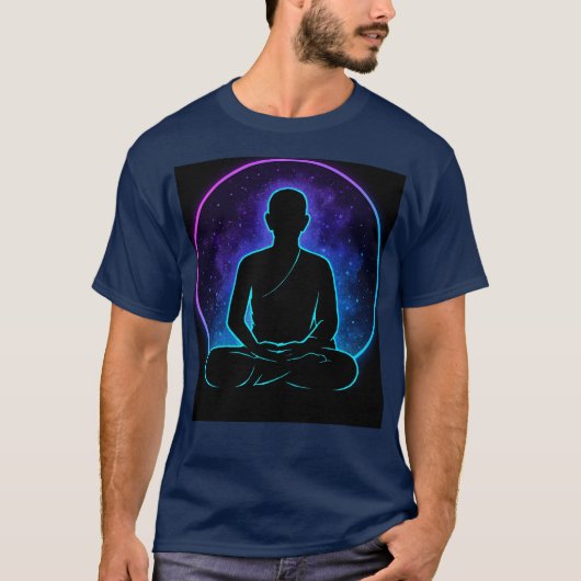 Neon Meditating Monk Spiritual T-Shirt | Cosmic Ze Tシャツ (正面)