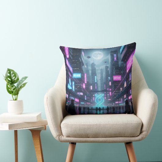 Neon Metropolis Pulse Throw Pillow クッション (椅子)