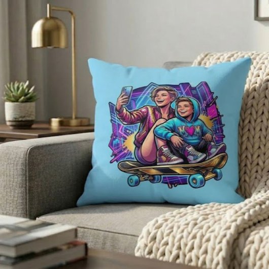 Neon Mom Son Skateboarding Art Theme Throw Pillow クッション
