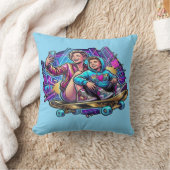Neon Mom Son Skateboarding Art Theme Throw Pillow クッション (ブランケット)