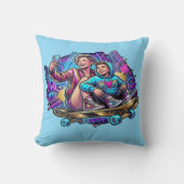 Neon Mom Son Skateboarding Art Theme Throw Pillow クッション (正面)