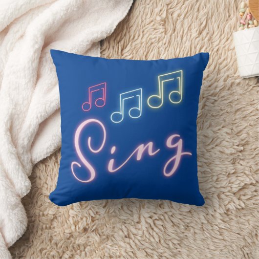 Neon Music Notes on Blue クッション (ブランケット)