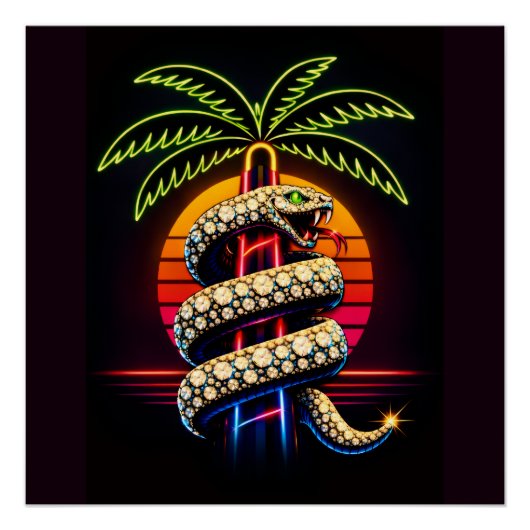 Neon Nights Miami Black Snake Illustration ポスター (正面)