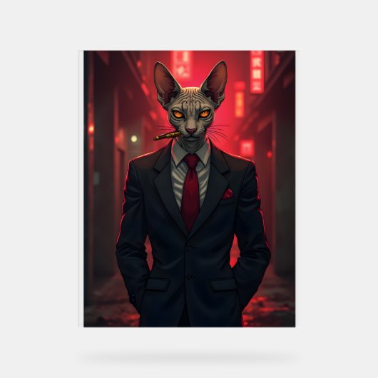 Neon Noir Sphynx Cat in Mafia Style アクリルサイン (正面)