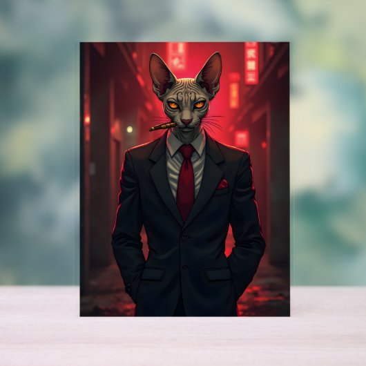 Neon Noir Sphynx Cat in Mafia Style アクリルサイン (ニュートラル)