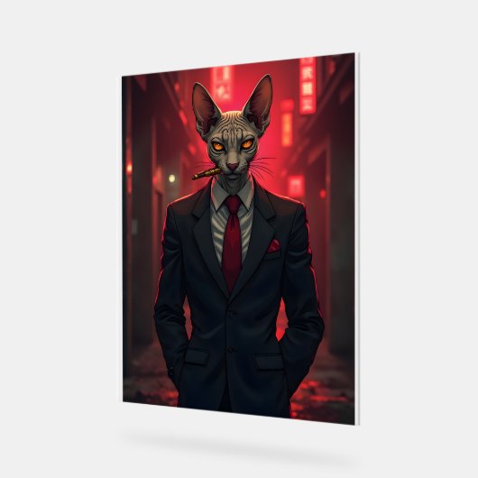 Neon Noir Sphynx Cat in Mafia Style アクリルサイン (傾斜)